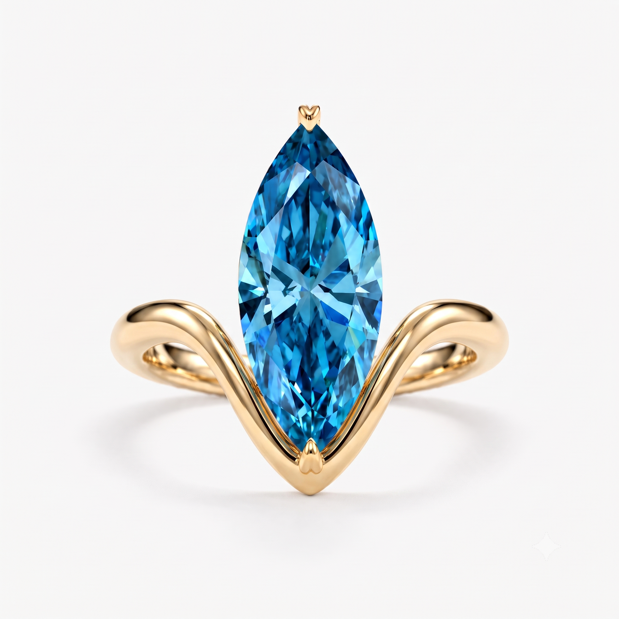Lab Grown Diamond Fancy Blue Marquise Cut Curved Chevron Pavé Band Engagement Ring IGI Certified in 14K Yellow Gold