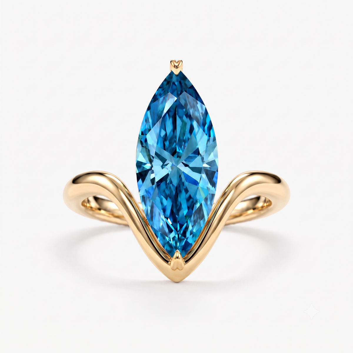 Lab Grown Diamond Fancy Blue Marquise Cut Curved Chevron Pavé Band Engagement Ring IGI Certified in 14K Yellow Gold