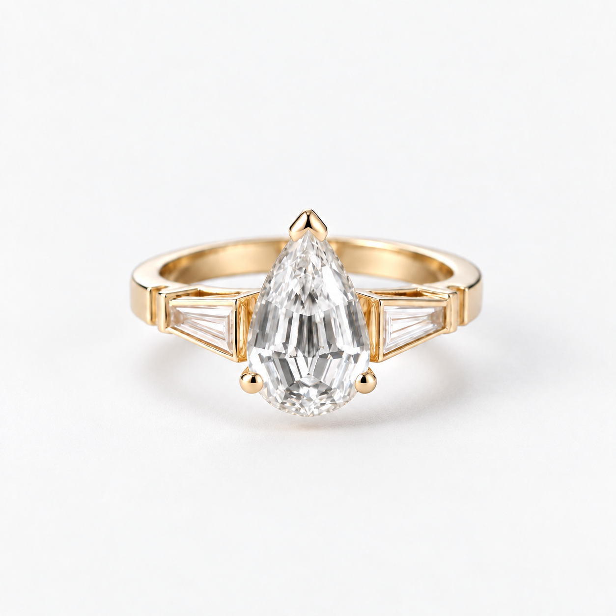 Lab Grown Diamond Pear Step Cut Three-Stone Tapered Baguette Side Accent Engagement Ring IGI Certified in 14K Yellow Gold