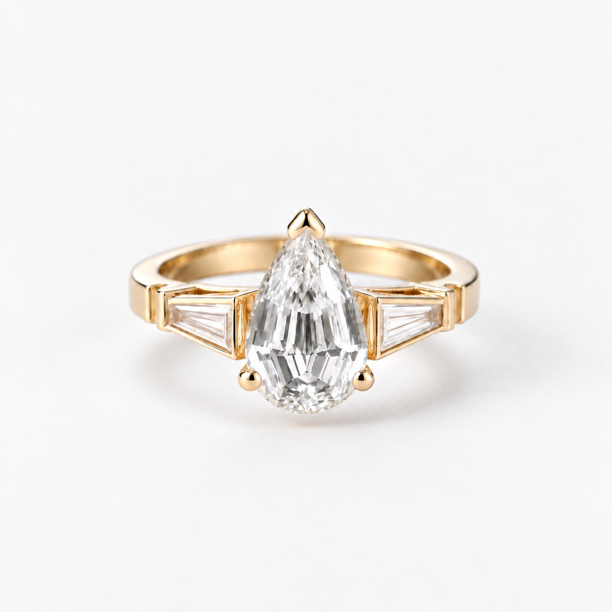 Lab Grown Diamond Pear Step Cut Three-Stone Tapered Baguette Side Accent Engagement Ring IGI Certified in 14K Yellow Gold