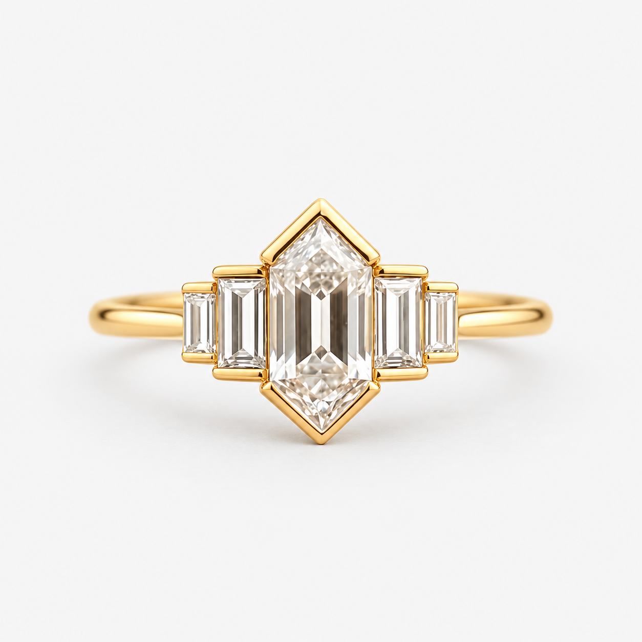 Hexagon Cut Lab Grown Diamond Engagement Ring with Baguette Side Stones in 14K Yellow Gold
