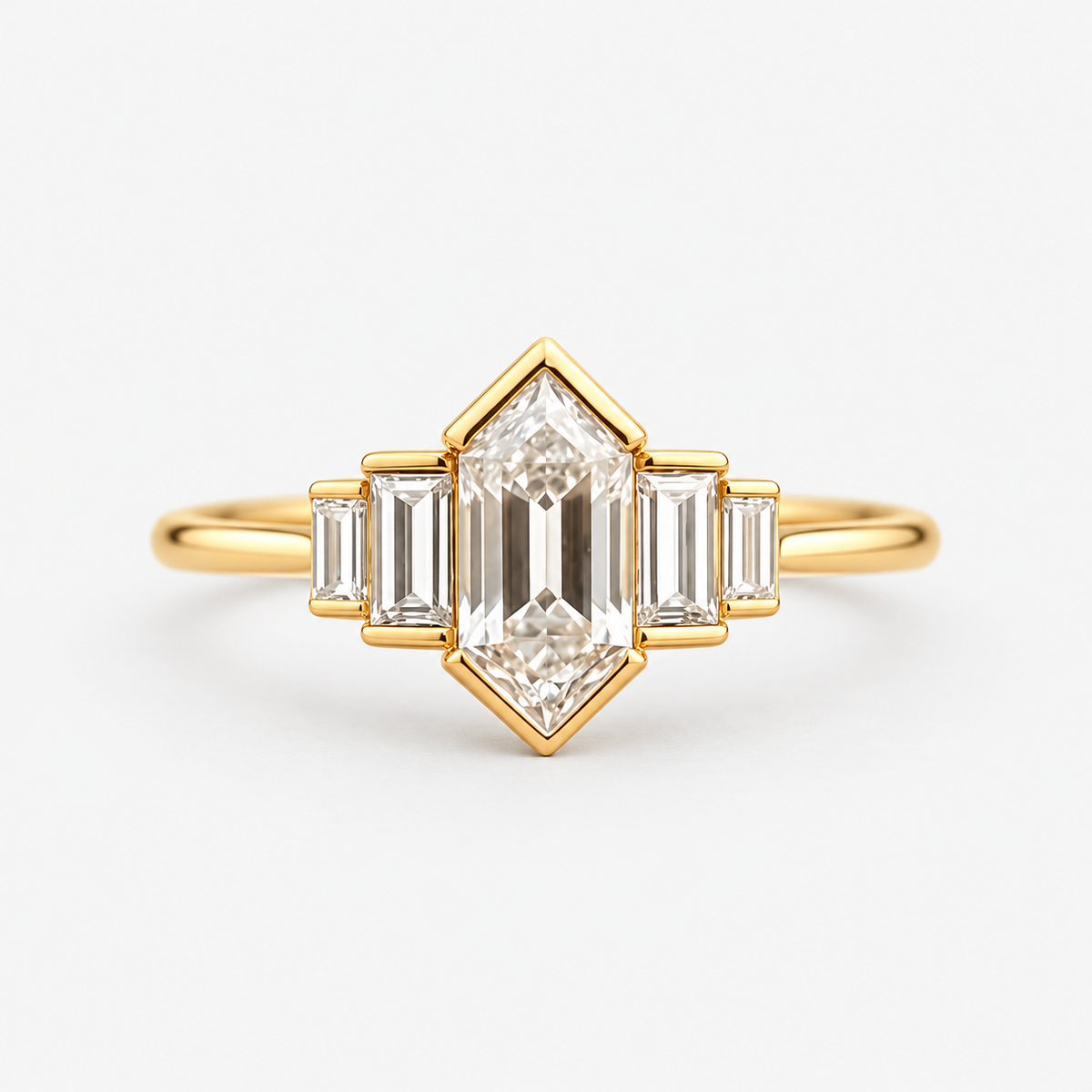 Hexagon Cut Lab Grown Diamond Engagement Ring with Baguette Side Stones in 14K Yellow Gold