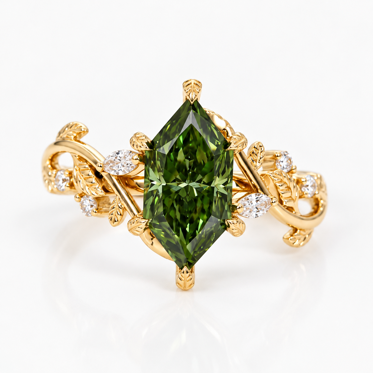 Lab Grown Diamond Green Dutch Marquise Cut with Marquise & Round Diamond Side Accents in Nature-Inspired Band Engagement Ring IGI Certified in 14K Rose Gold