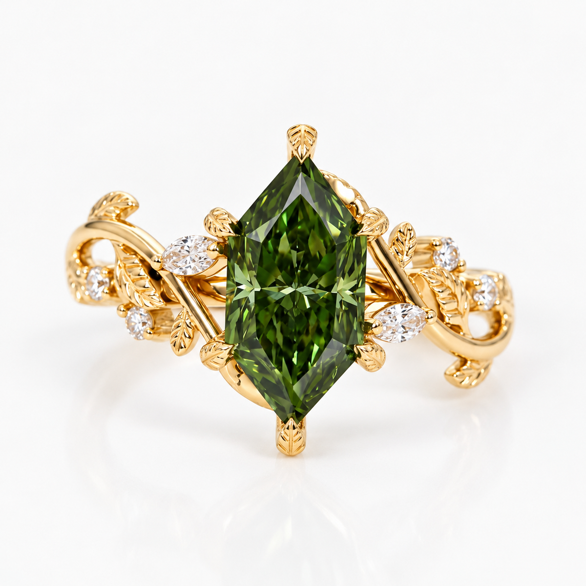 Lab Grown Diamond Green Dutch Marquise Cut with Marquise & Round Diamond Side Accents in Nature-Inspired Band Engagement Ring IGI Certified in 14K Rose Gold