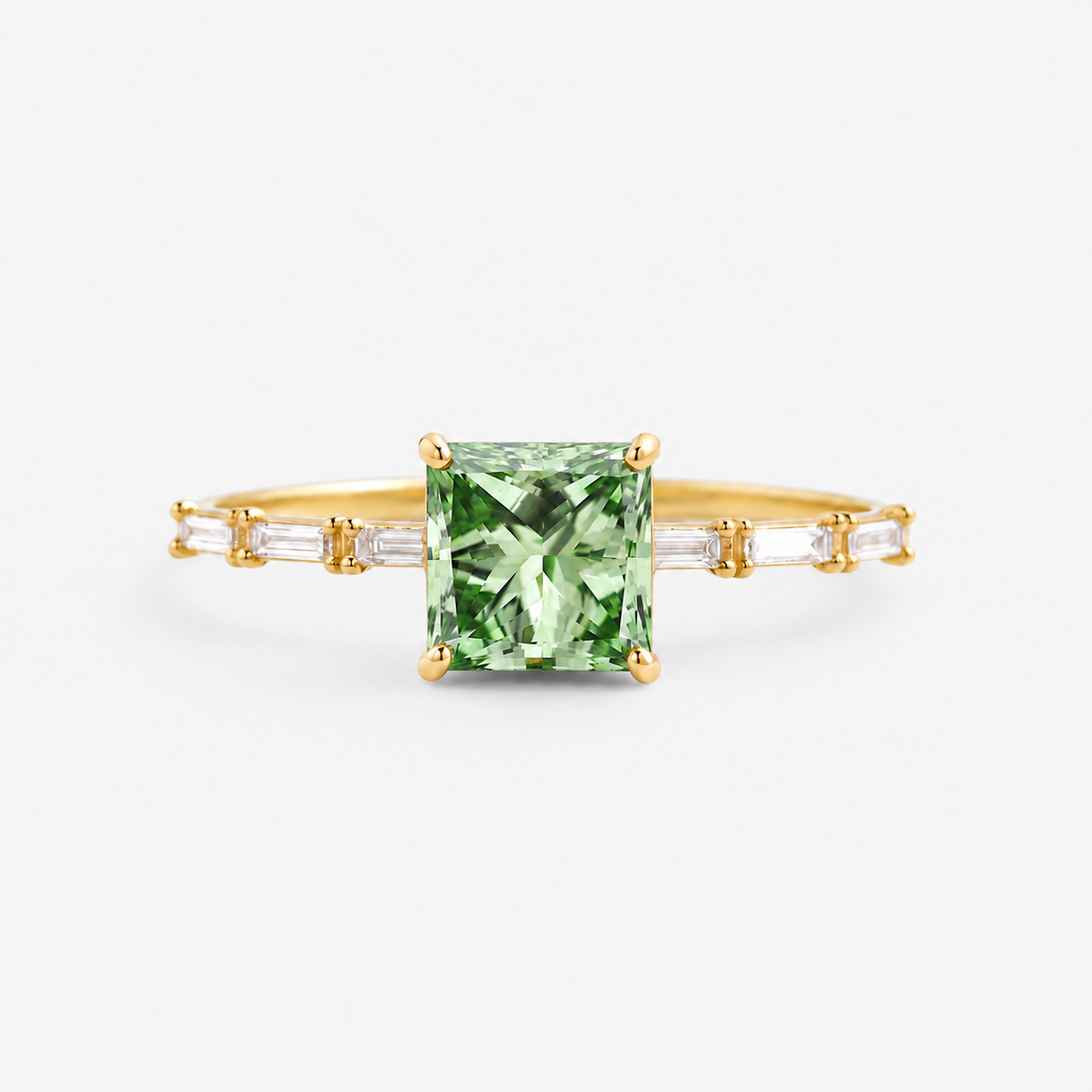 Lab Grown Green Princess Cut Three Stone Engagement Ring with Baguette Diamond Side Accents in 14K Yellow Gold