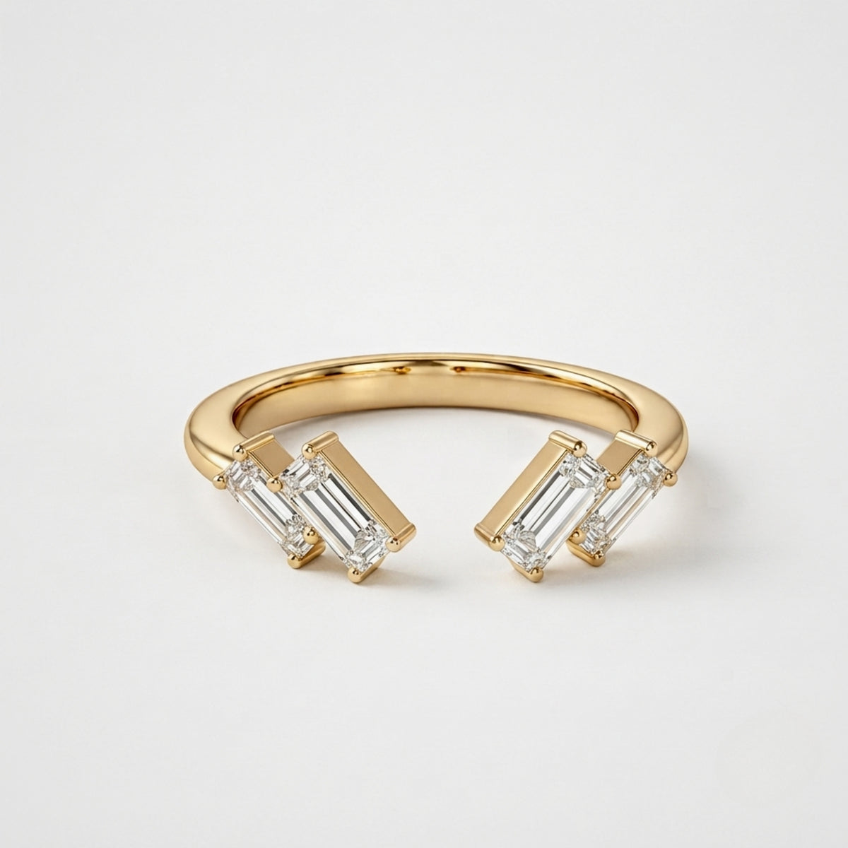 Lab Grown Diamond Baguette Cut Open Chevron Wedding Band with Geometric Diamond Accents in 14K Yellow Gold