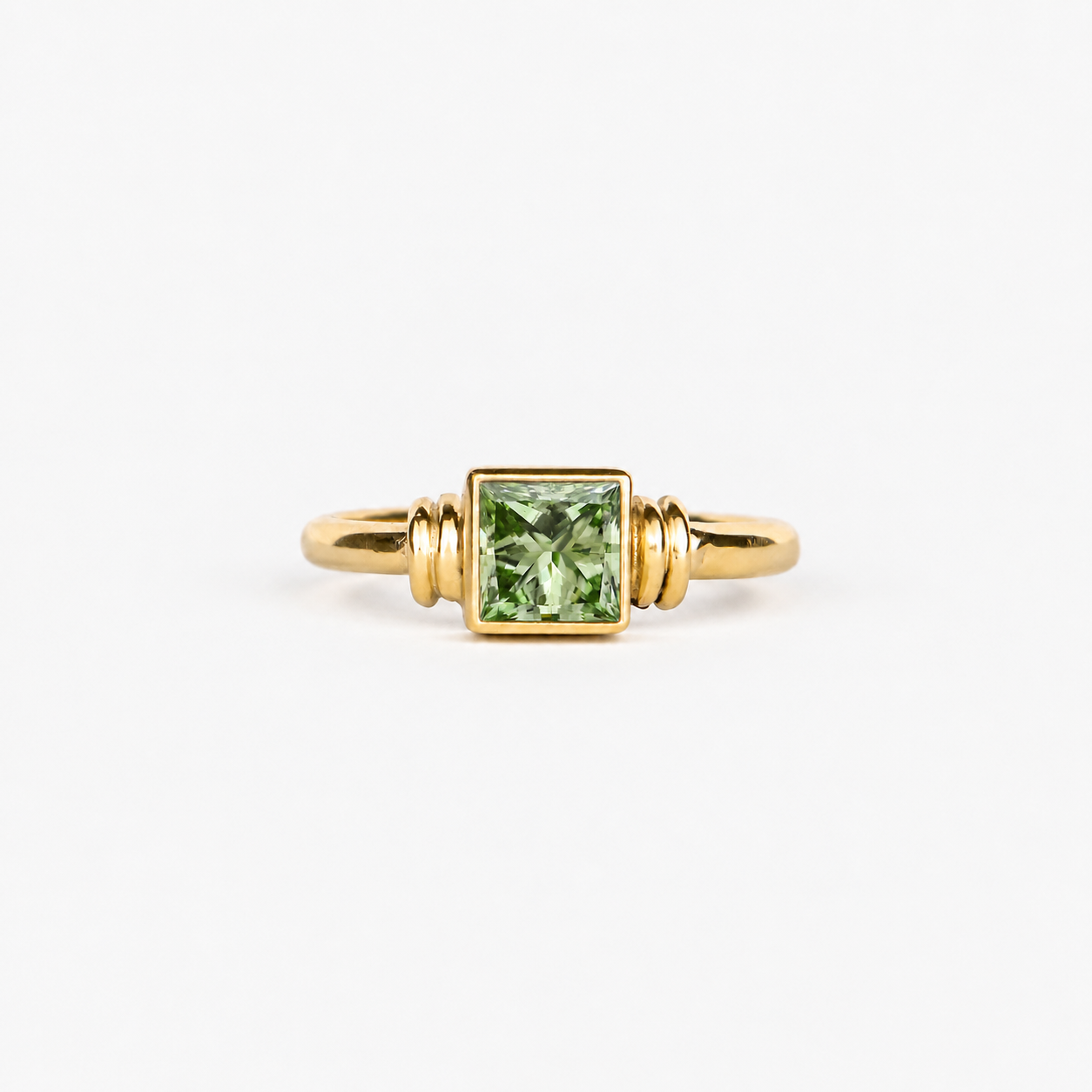 Lab Grown Green Princess Cut Bezel Set Engagement Ring with Sculptural Accent Band in 14K Yellow Gold