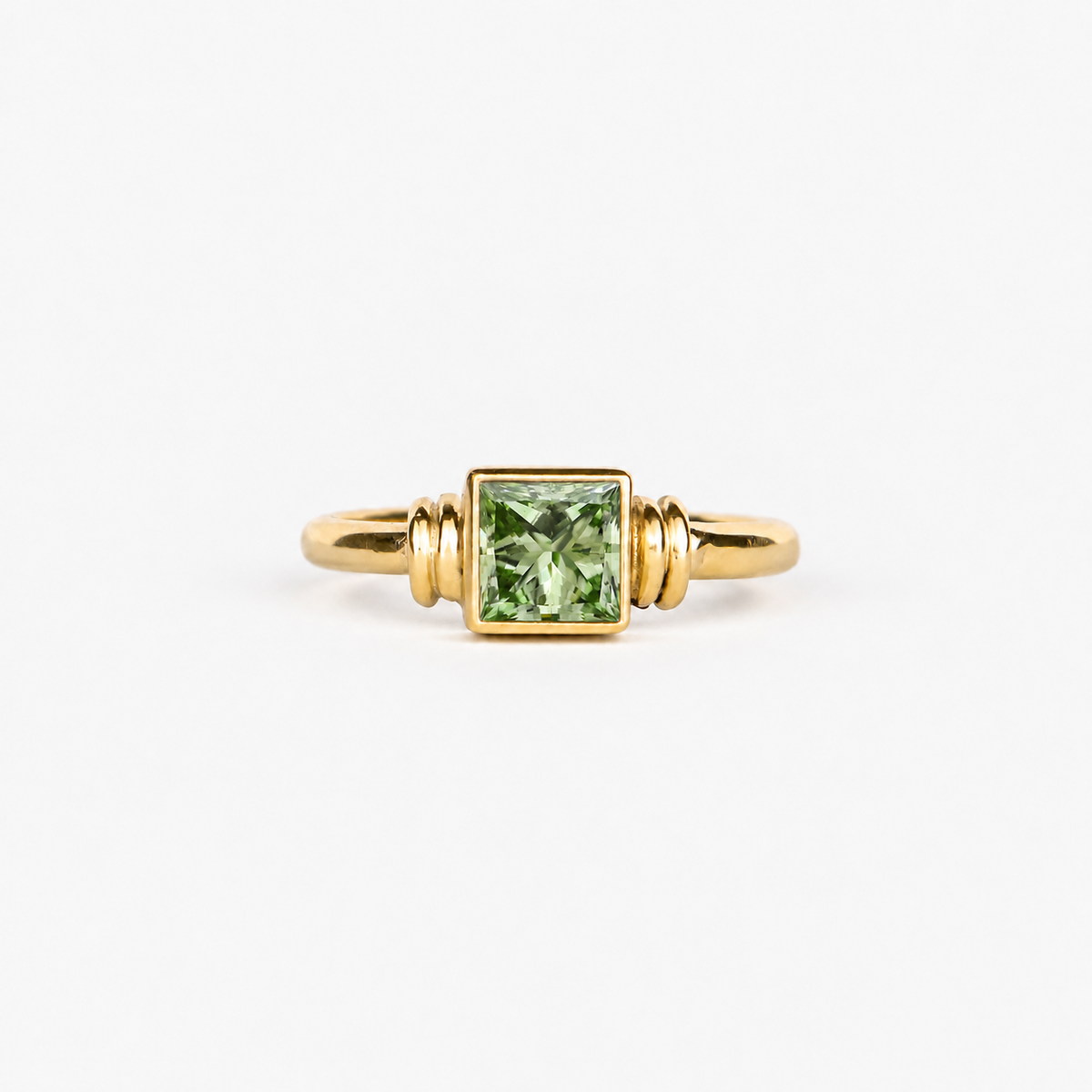 Lab Grown Green Princess Cut Bezel Set Engagement Ring with Sculptural Accent Band in 14K Yellow Gold