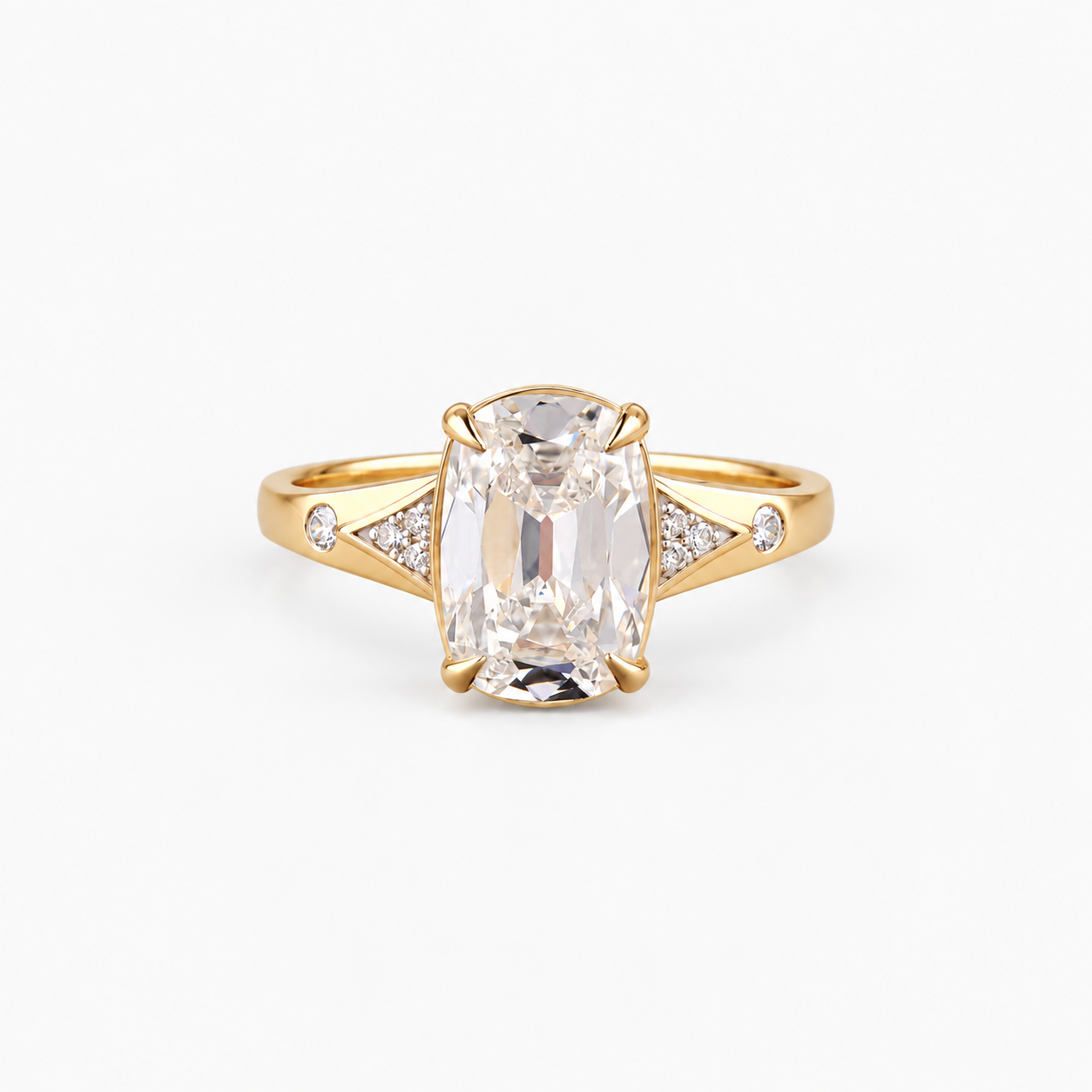 Lab Grown Diamond Elongated Cushion Crushed Ice Cut Vintage Tapered Triangular Shoulder Engagement Ring with Round Side Accents IGI Certified in 14K Yellow Gold