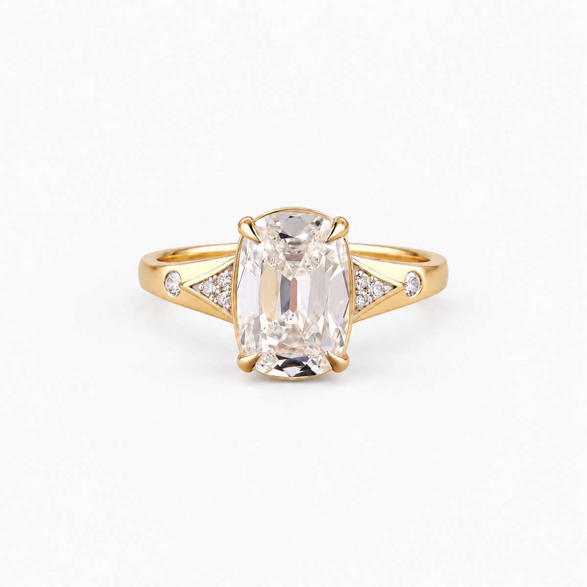 Lab Grown Diamond Elongated Cushion Crushed Ice Cut Vintage Tapered Triangular Shoulder Engagement Ring with Round Side Accents IGI Certified in 14K Yellow Gold