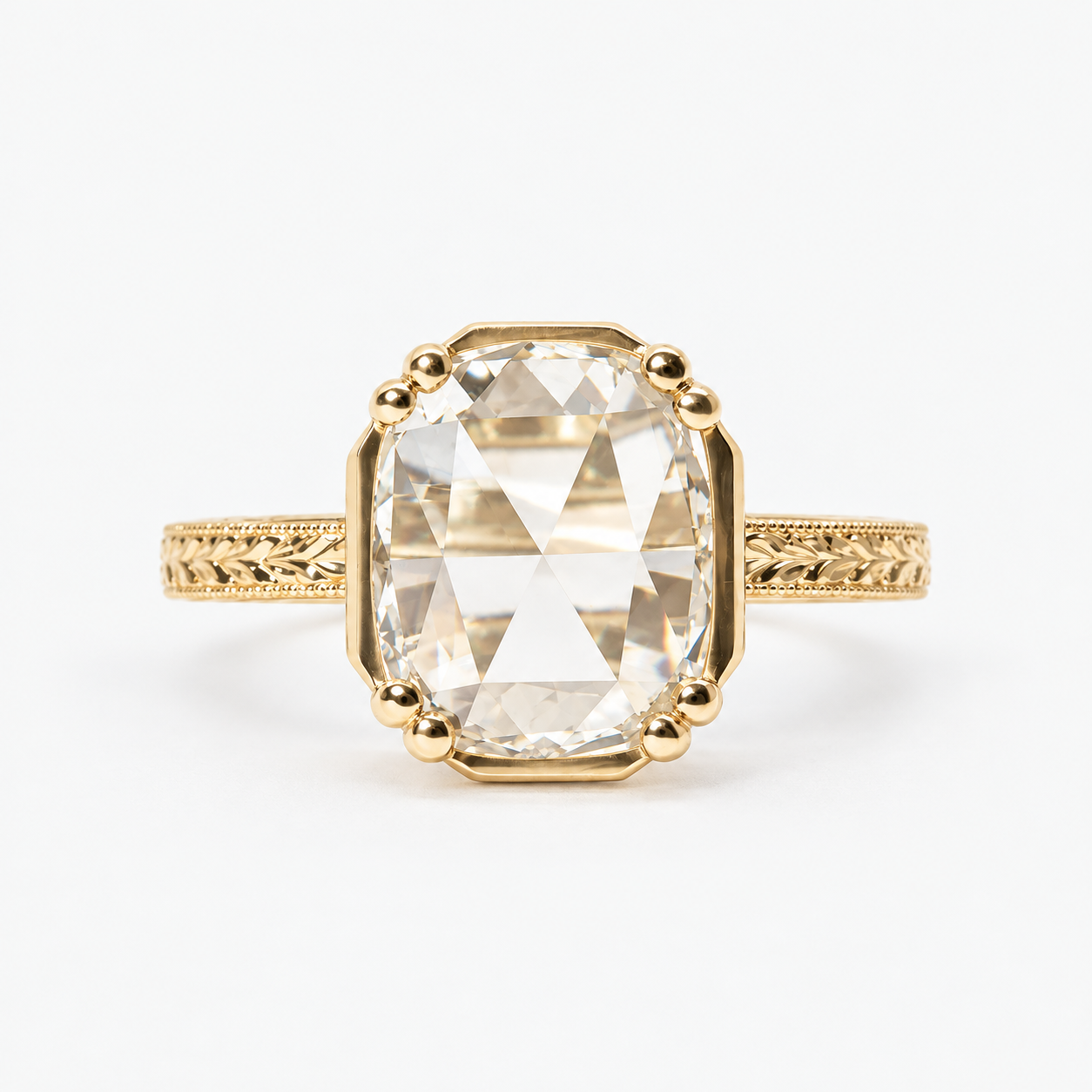 Lab Grown Diamond Elongated Cushion Portrait Cut Lab Grown Diamond Vintage Solitaire Engagement Ring with Ornate Leaf Engraved Band, Milgrain Detailing and Decorative Prong Setting in 14K Yellow Gold