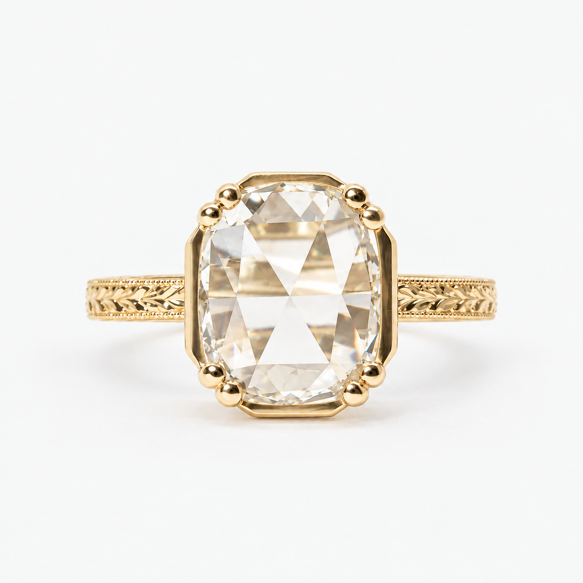 Lab Grown Diamond Elongated Cushion Portrait Cut Lab Grown Diamond Vintage Solitaire Engagement Ring with Ornate Leaf Engraved Band, Milgrain Detailing and Decorative Prong Setting in 14K Yellow Gold