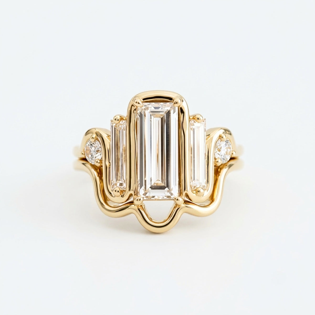 Lab Grown Diamond Elongated Emerald Cut Floating Bezel Curved Wave Nested Band Baguette Accent Engagement Ring IGI Certified in 14K Yellow Gold (Copy)