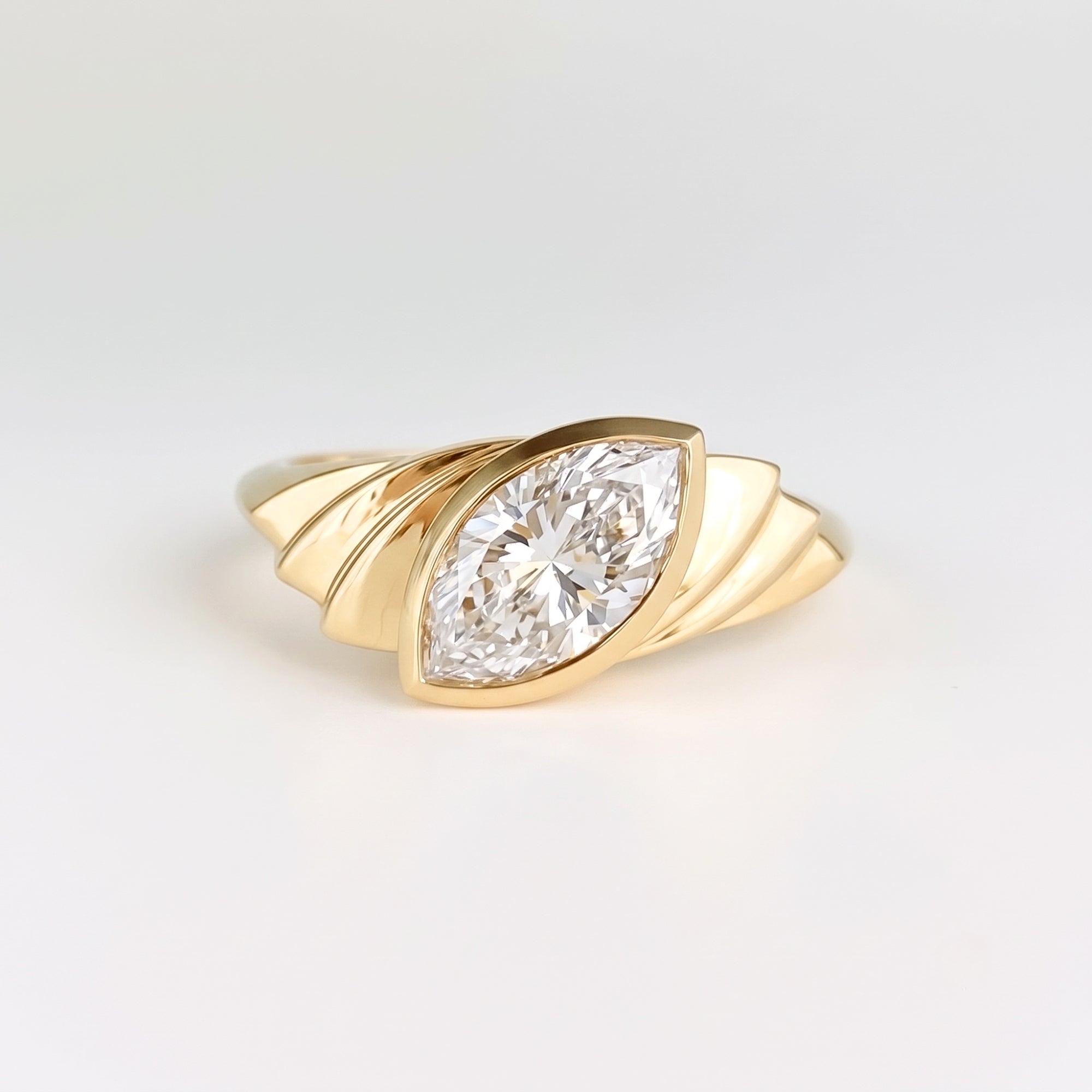 Lab Grown Diamond Marquise Brilliant Cut Fluted Tapered Bypass Bezel Engagement Ring IGI Certified in 14K Yellow Gold