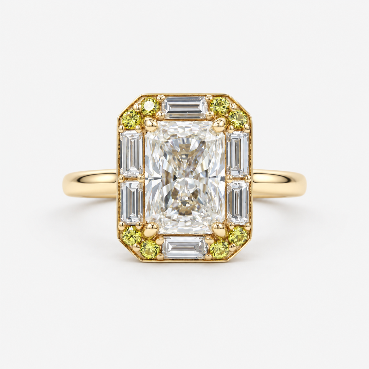 Radiant Cut Lab Grown Diamond Ring with Green Gemstone Accents in 14K Yellow Gold