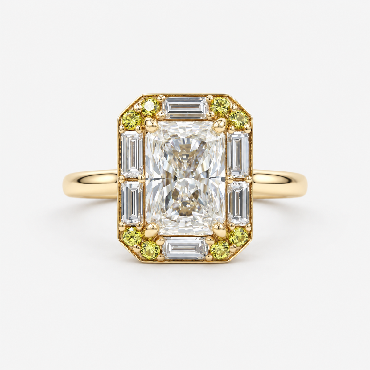 Radiant Cut Lab Grown Diamond Ring with Green Gemstone Accents in 14K Yellow Gold