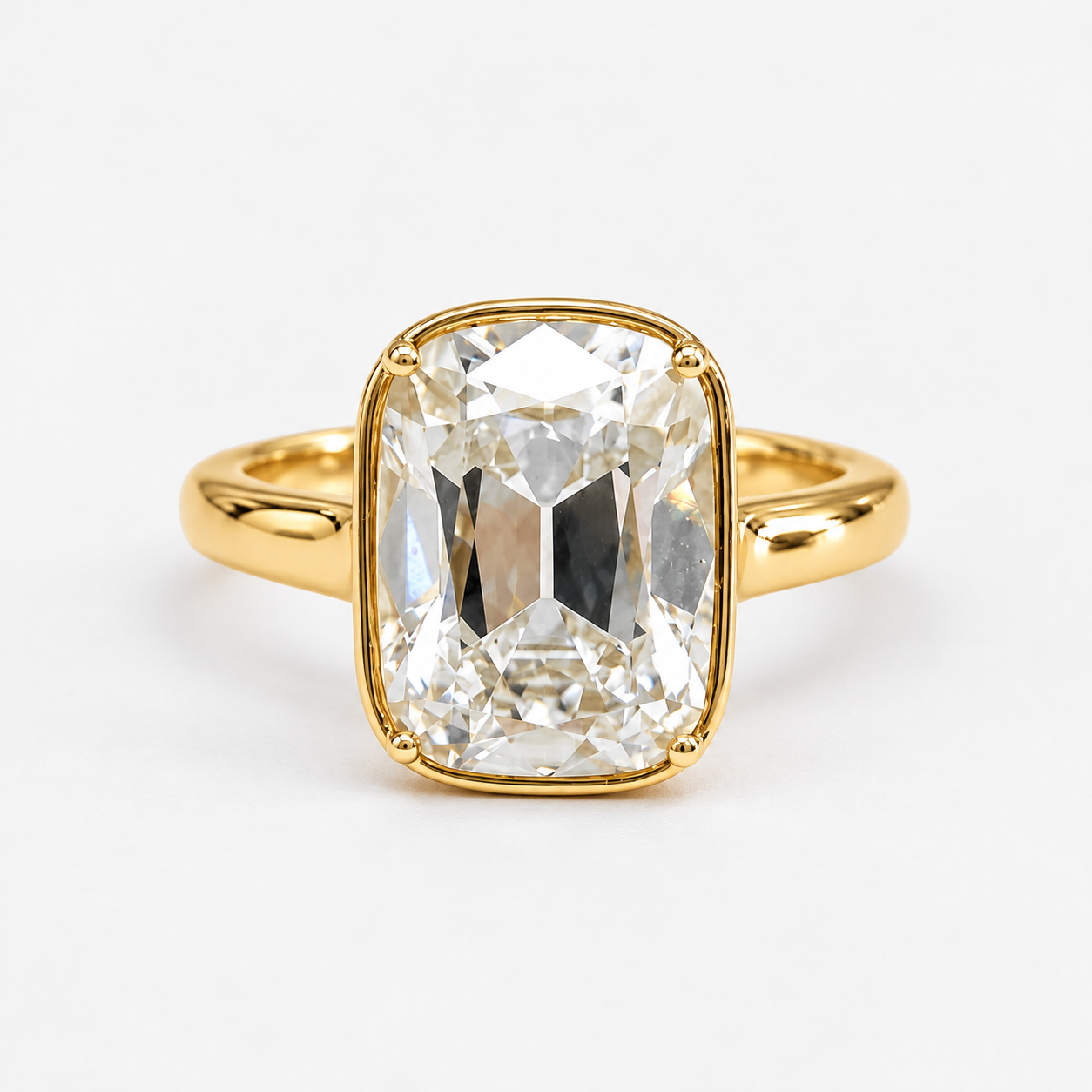 Old Mine Cushion Cut Diamond Bezel Engagement Ring in 14K Yellow Gold