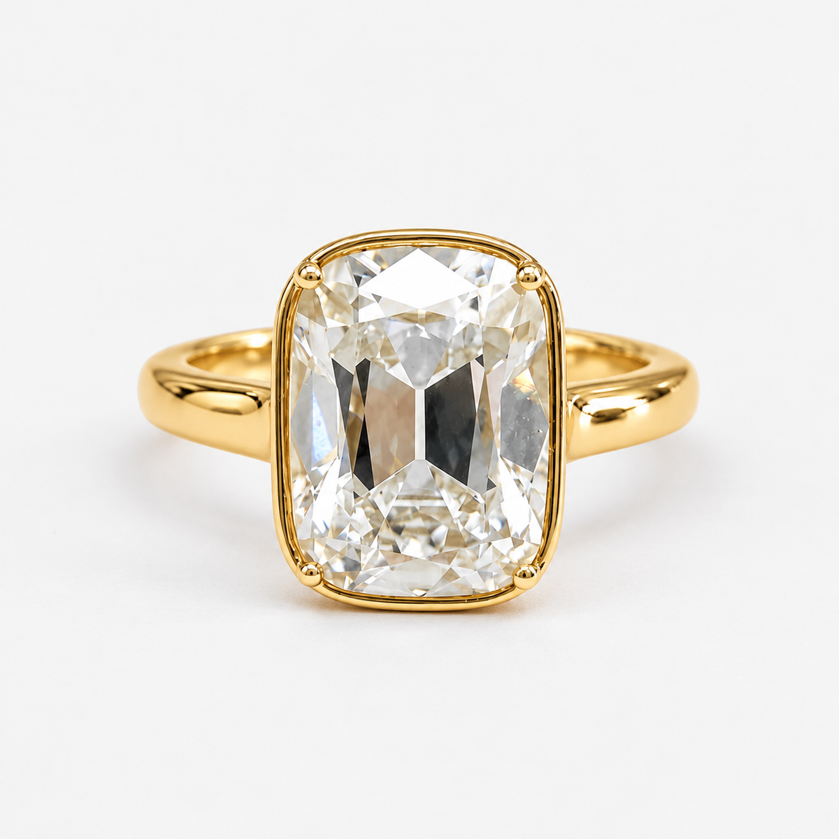 Old Mine Cushion Cut Diamond Bezel Engagement Ring in 14K Yellow Gold