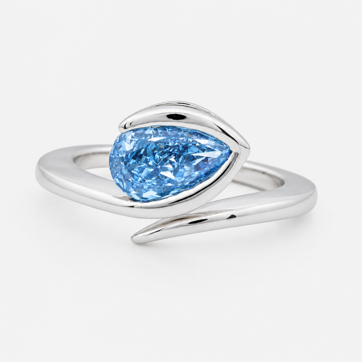 Lab Grown Diamond Fancy Vivid Blue Pear Cut Angled Bypass Wrap Half Bezel Solitaire Engagement Ring IGI Certified in 14K Yellow Gold
