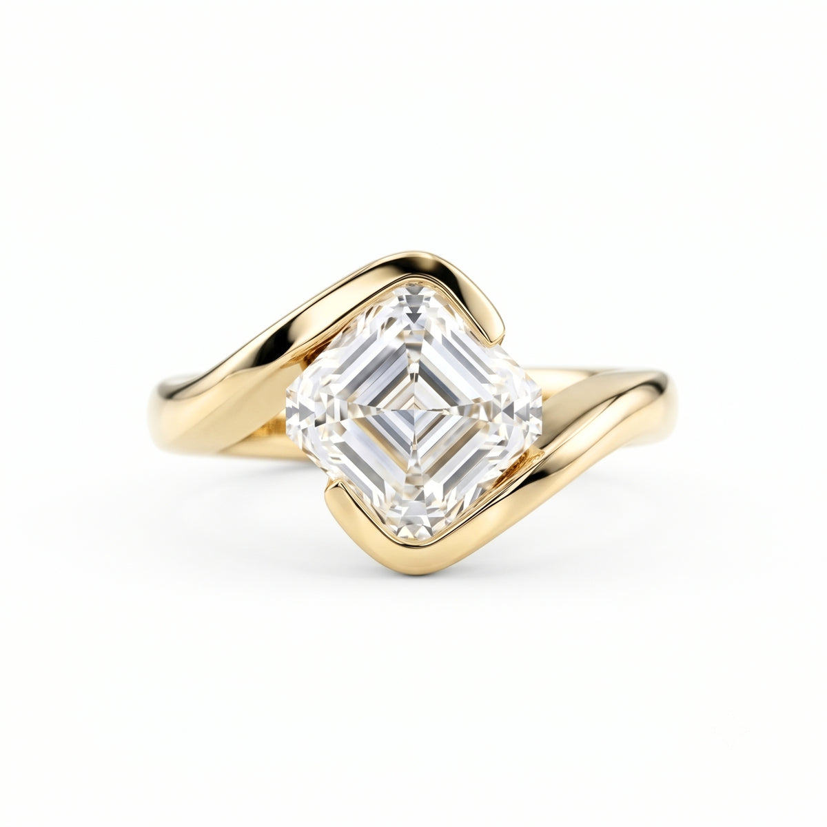 Lab Grown Diamond Asscher Square Step Cut Curved Bypass Bezel Engagement Ring with Curved Pavé Band Set IGI Certified in 14K Yellow Gold