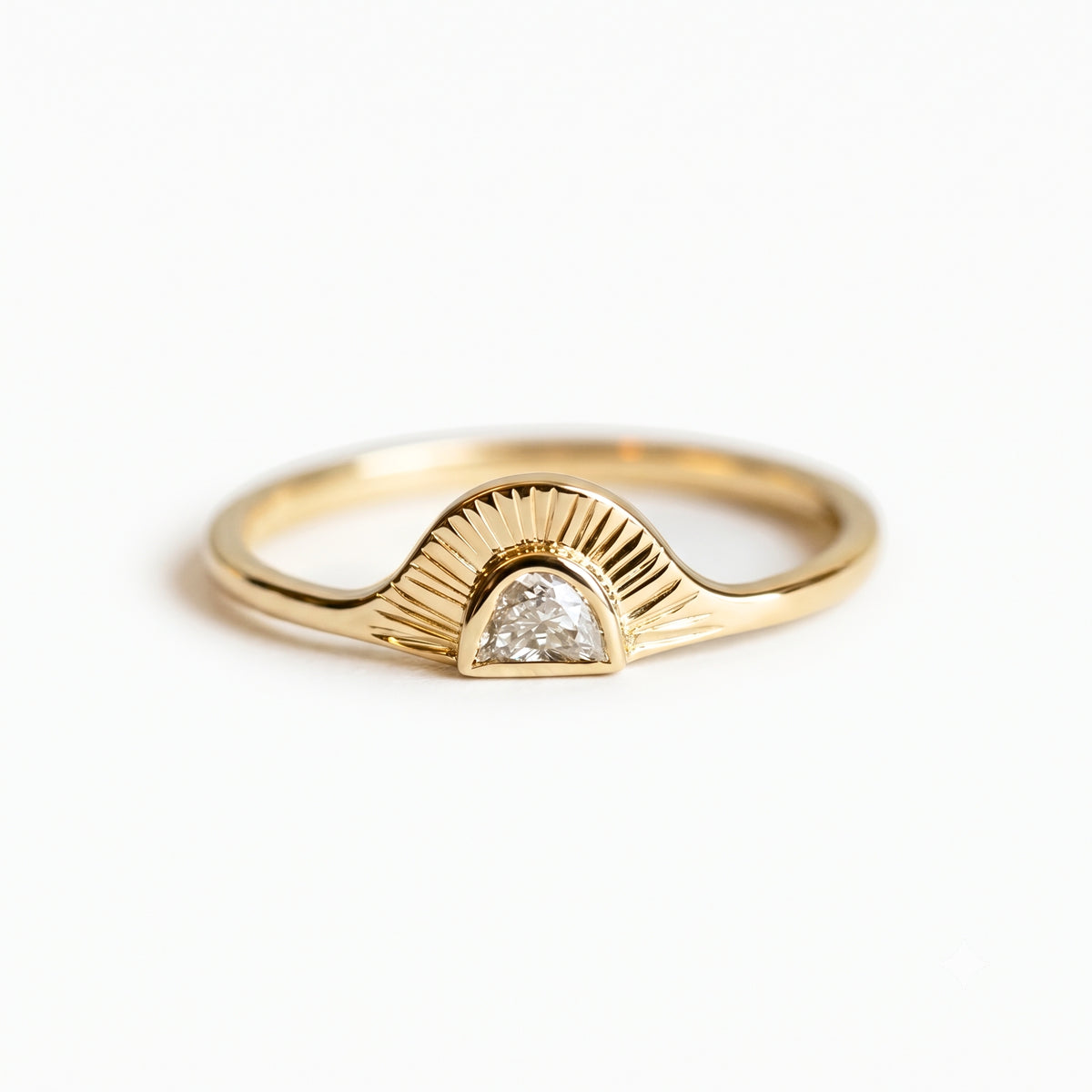 Lab Grown Diamond Half Moon Sunburst Bezel Set Solitaire Band in 14K Yellow Gold