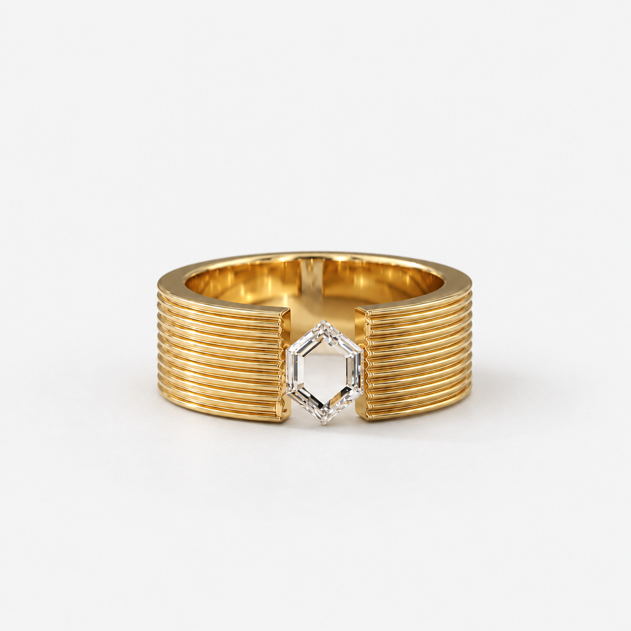 Lab Grown Diamond Hexagon Shaped  Portrait Cut Lab Grown Diamond Statement Ring with Wide Ribbed Cigar Band in 14K Yellow Gold