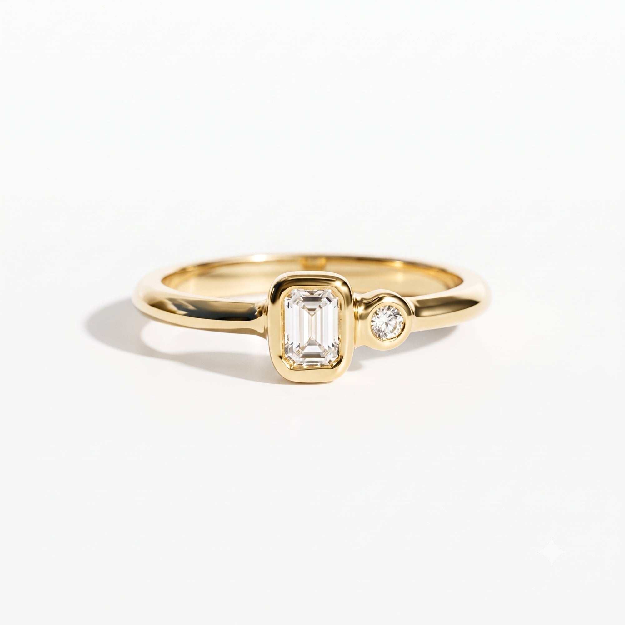 Lab Grown Diamond Elongated Emerald Cut Floating Bezel Curved Wave Nested Band Baguette Accent Engagement Ring IGI Certified in 14K Yellow Gold (Copy)