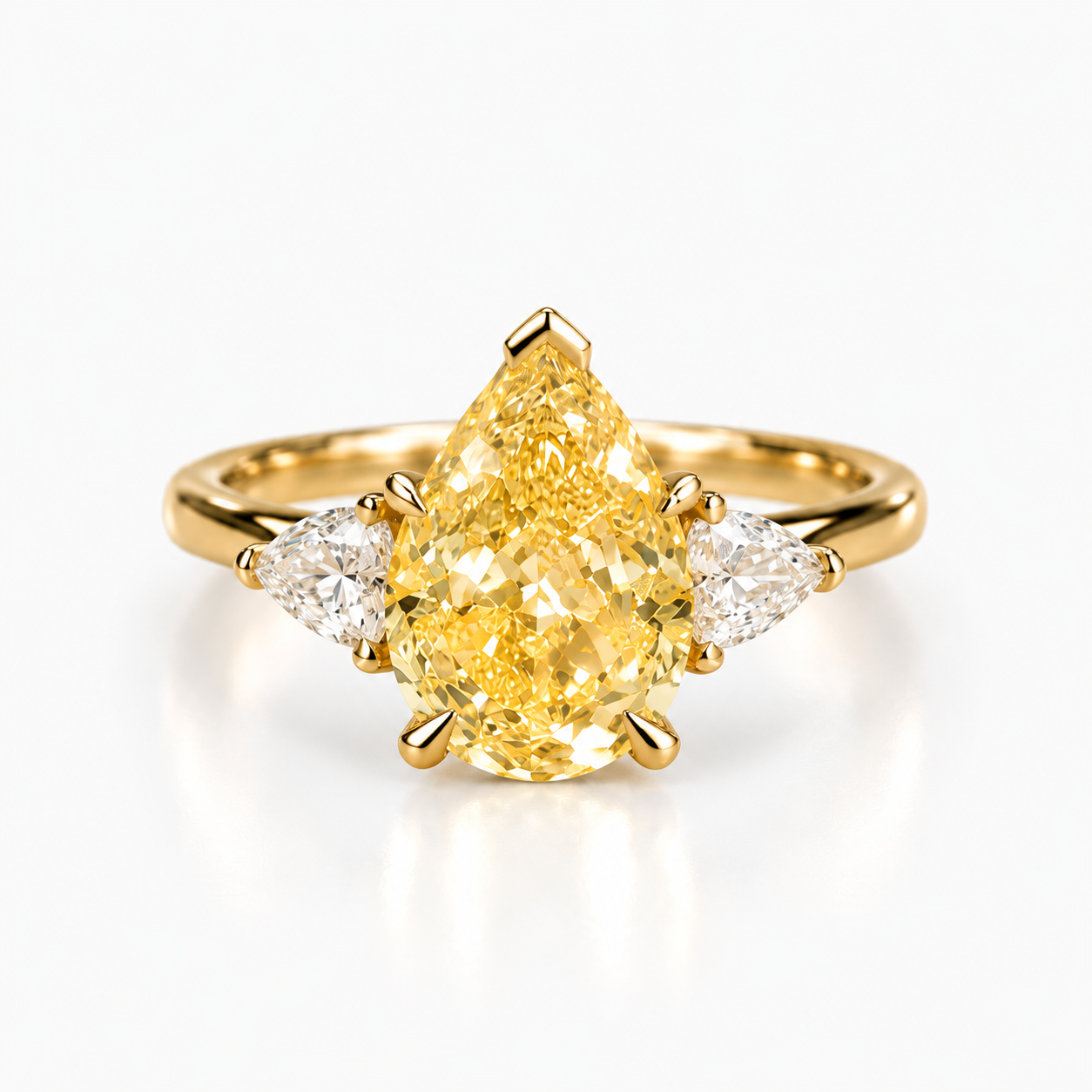Pear Cut Fancy Yellow Diamond Three Stone Engagement Ring in 14K Yellow Gold