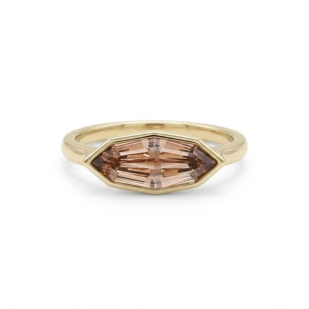 Lab Grown Diamond Fancy Champagne Step Cut Marquise East-West Full Bezel Set Solitaire Engagement Ring IGI Certified in 14K Yellow Gold
