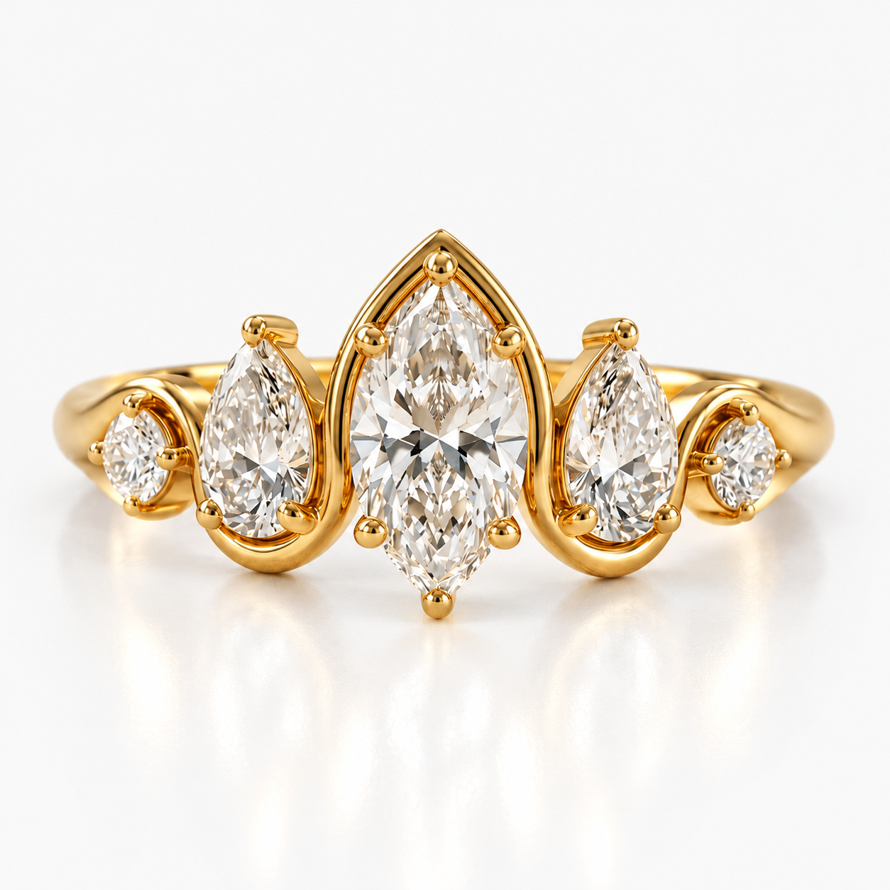Marquise Cut Lab Grown Diamond Five Stone Engagement Ring in 14K Yellow Gold
