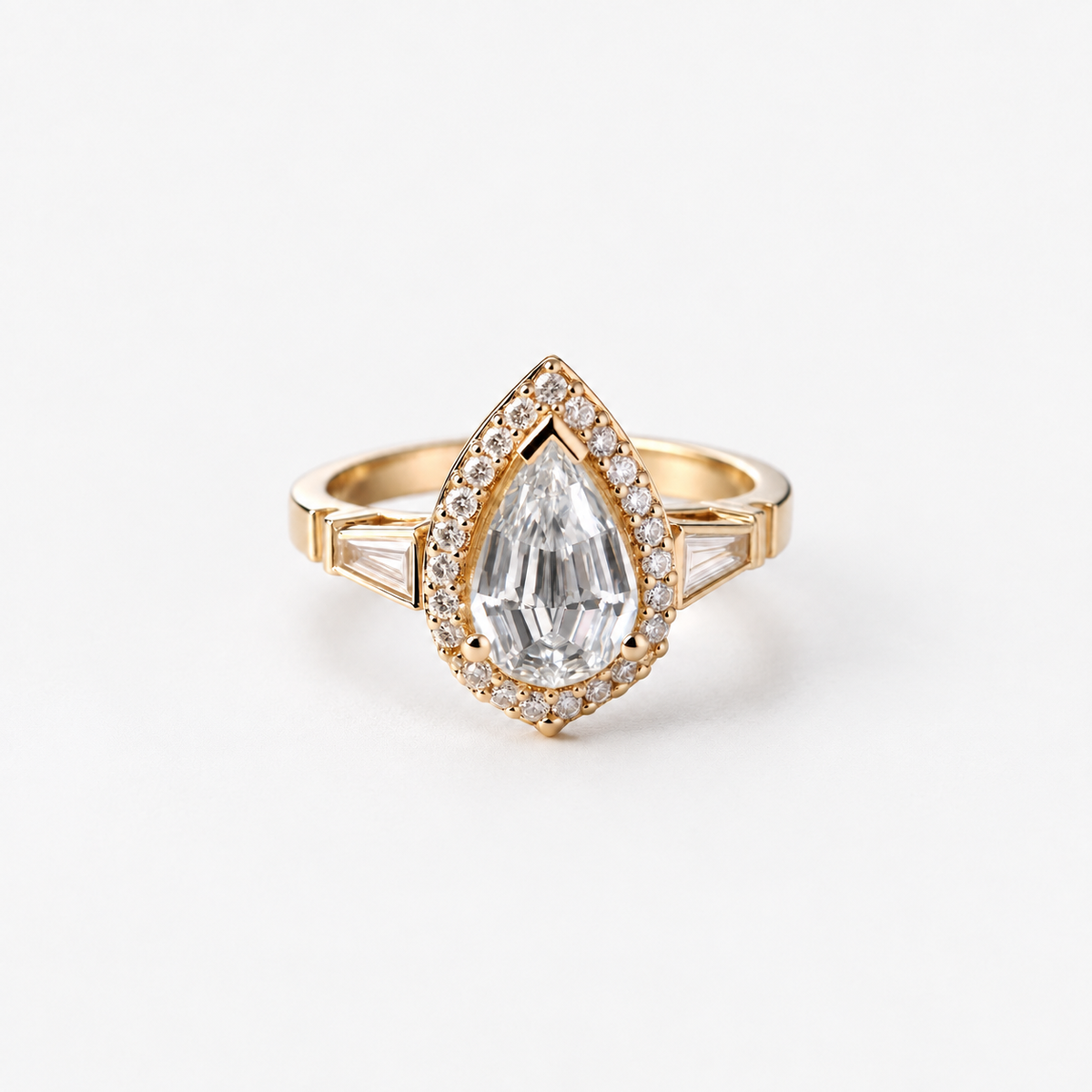 Lab Grown Diamond Pear Step Cut Micro-Pavé Halo Three-Stone Tapered Baguette Side Accent Engagement Ring IGI Certified in 14K Yellow Gold