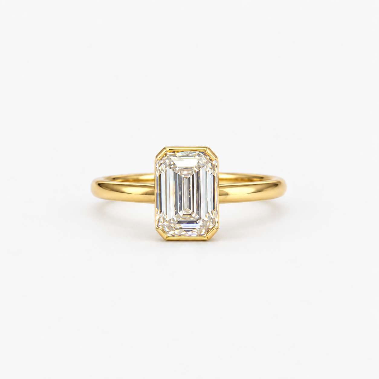 Lab Grown Diamond Emerald Cut Full Bezel Solitaire Engagement Ring with Classic Plain Band IGI Certified in 14K Yellow Gold