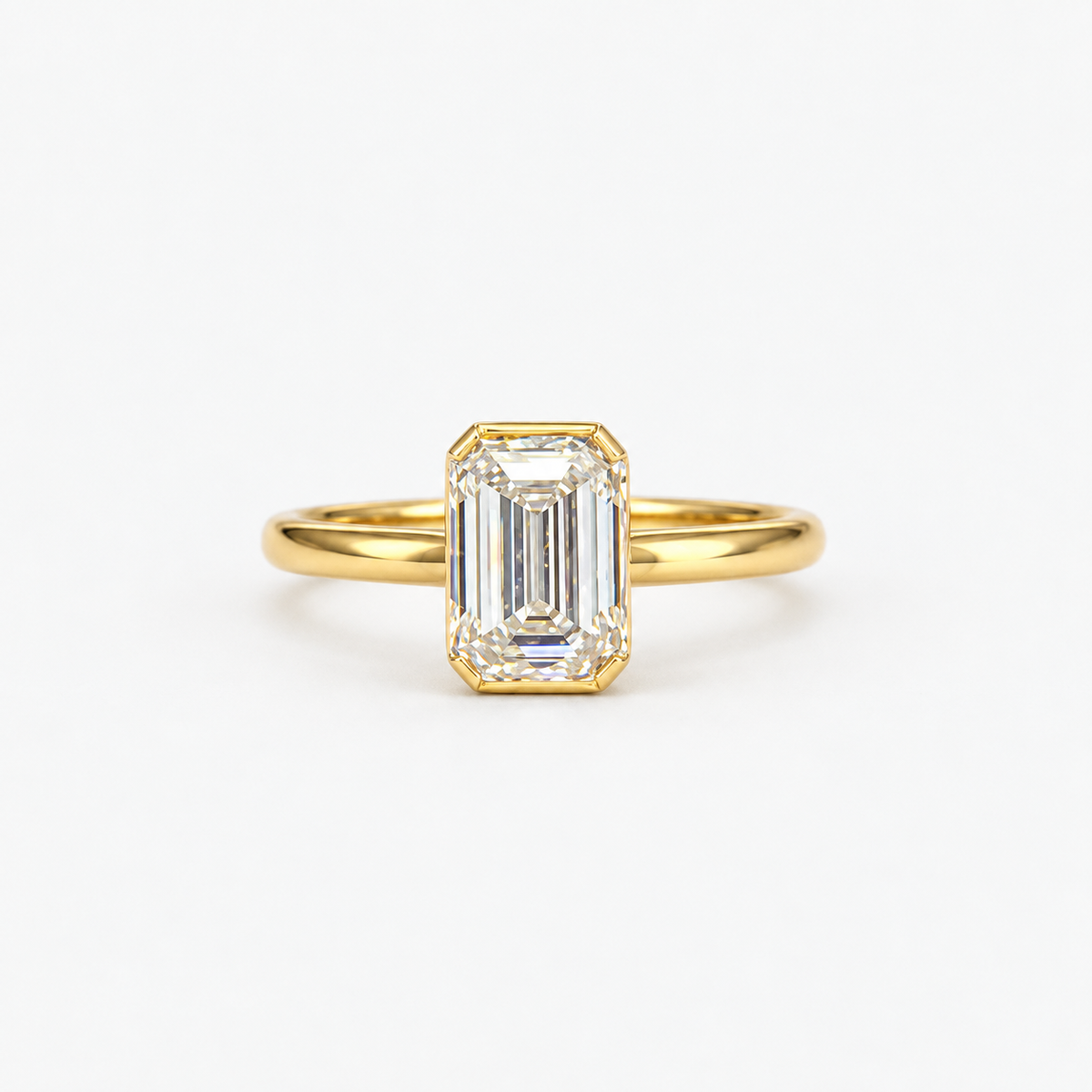 Lab Grown Diamond Emerald Cut Full Bezel Solitaire Engagement Ring with Classic Plain Band IGI Certified in 14K Yellow Gold