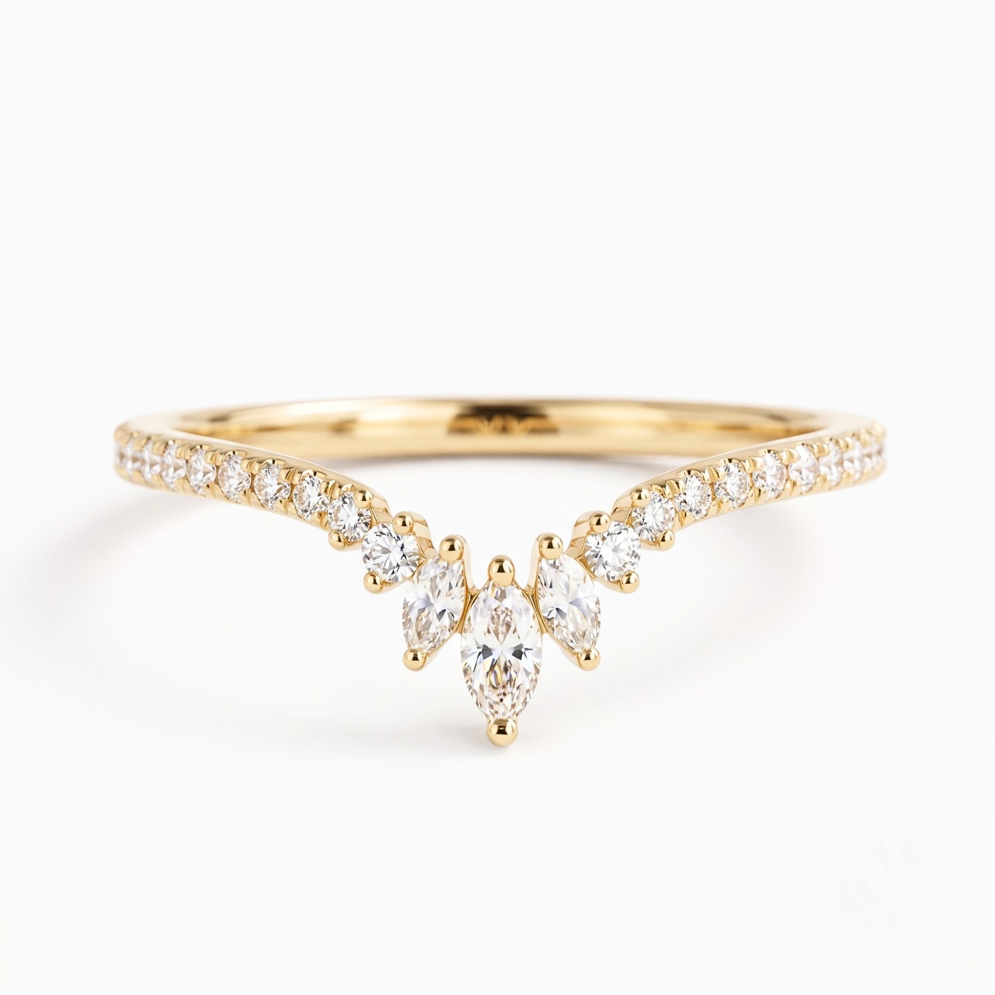 Lab Grown Diamond   Marquise and Pear Cut Chevron Wedding Band with Pave Diamond Accents in 14K   Yellow Gold