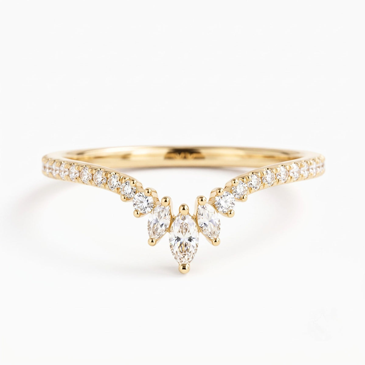 Lab Grown Diamond   Marquise and Pear Cut Chevron Wedding Band with Pave Diamond Accents in 14K   Yellow Gold