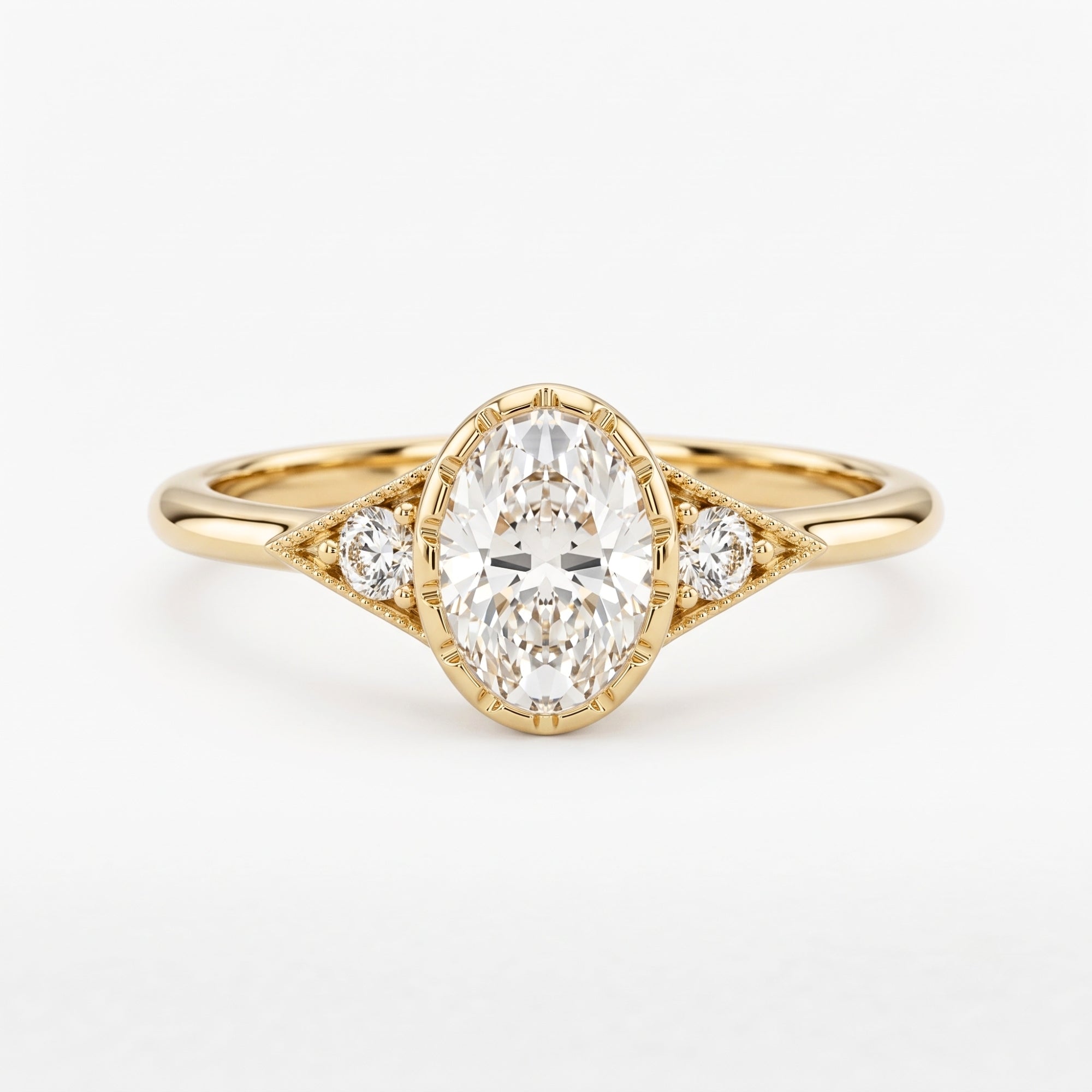 Lab Grown Diamond Oval Cut Vintage Milgrain Bezel Three-Stone Engagement Ring with Round Side Accents IGI Certified in 14K Yellow Gold