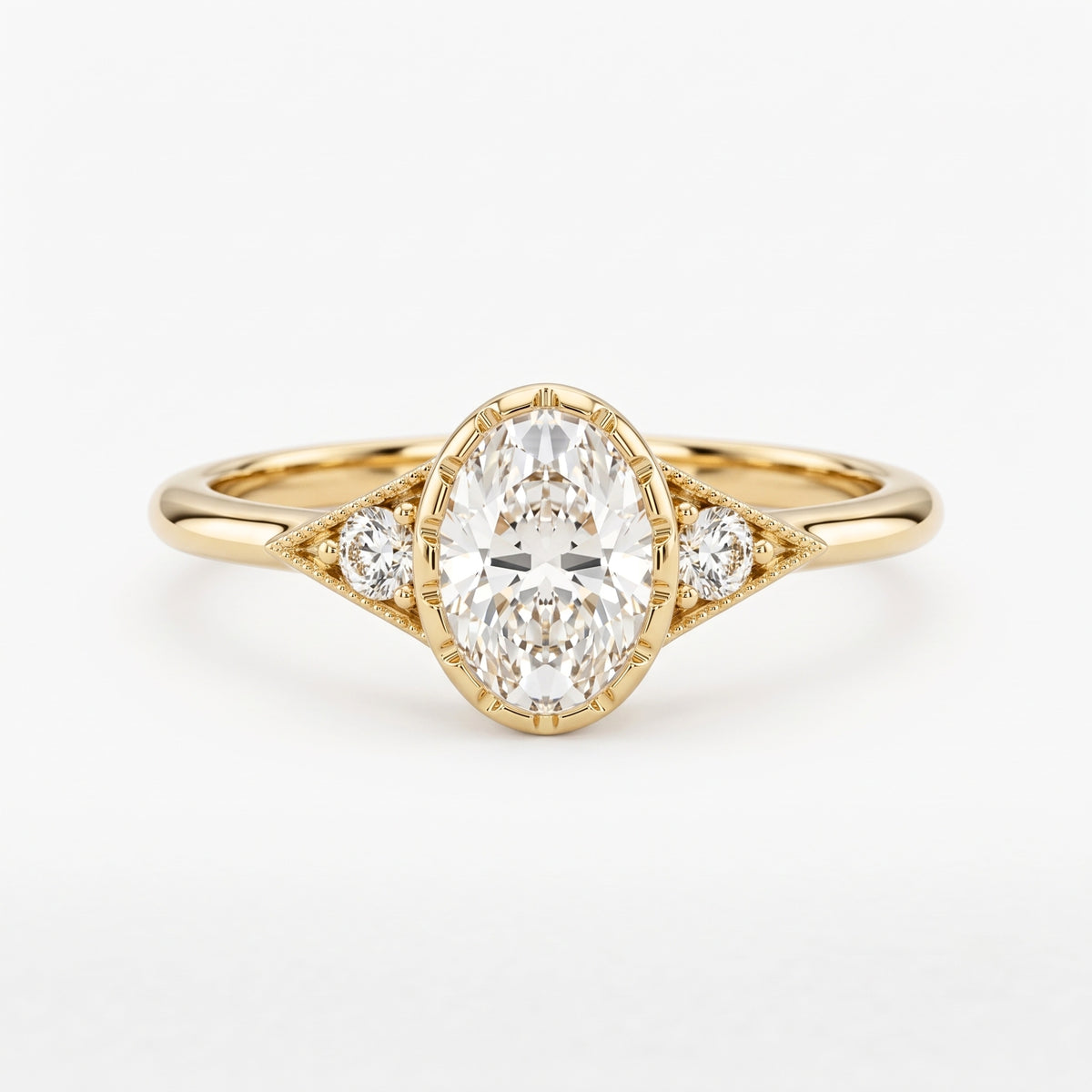 Lab Grown Diamond Oval Cut Vintage Milgrain Bezel Three-Stone Engagement Ring with Round Side Accents IGI Certified in 14K Yellow Gold