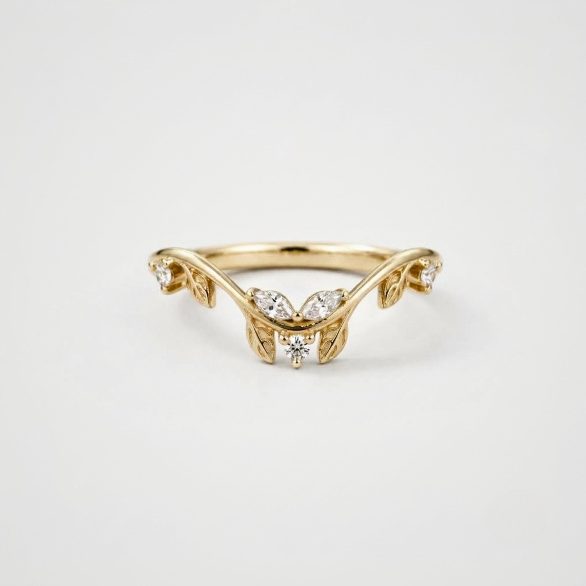 Lab Grown Diamond   Marquise & Round Diamond Nature-Inspired Vine V Band Ring in 14K Yellow Gold