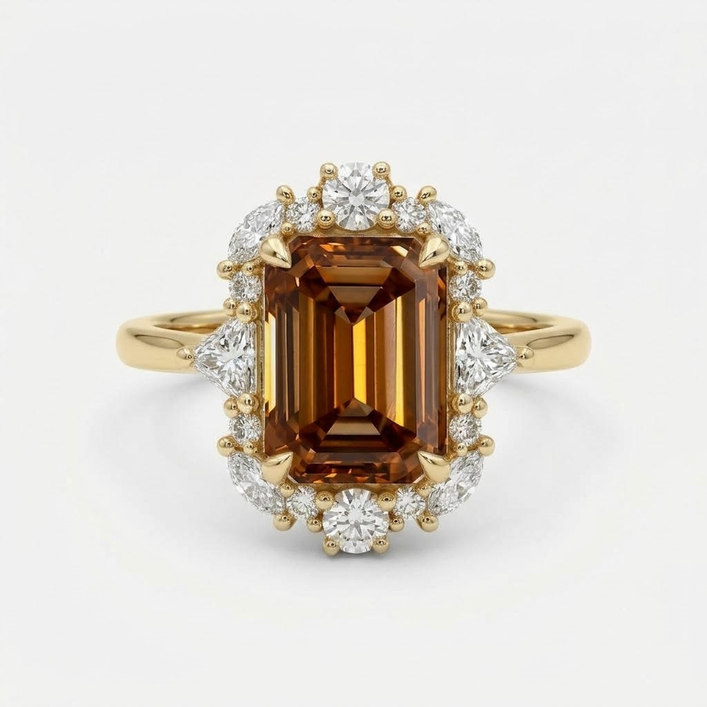 Lab Grown Diamond Fancy Cognac Champagne Emerald Cut Vintage Floral Cluster Halo Engagement Ring IGI Certified in 14K Yellow Gold