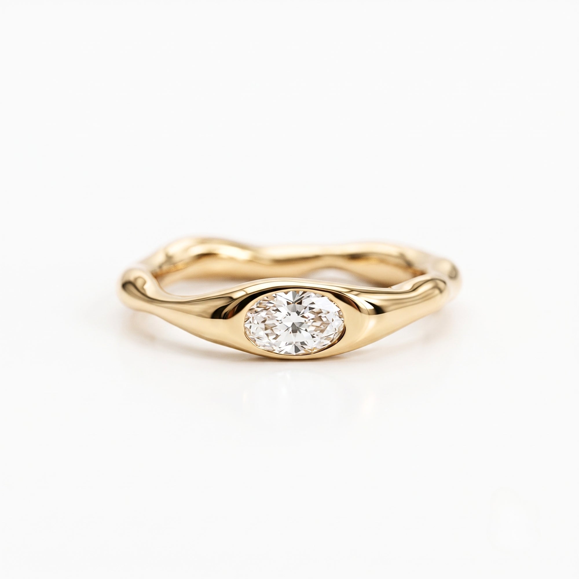 Lab Grown Diamond Oval Brilliant Cut East-West Organic Wavy Bezel Engagement Ring IGI Certified in 14K Yellow Gold