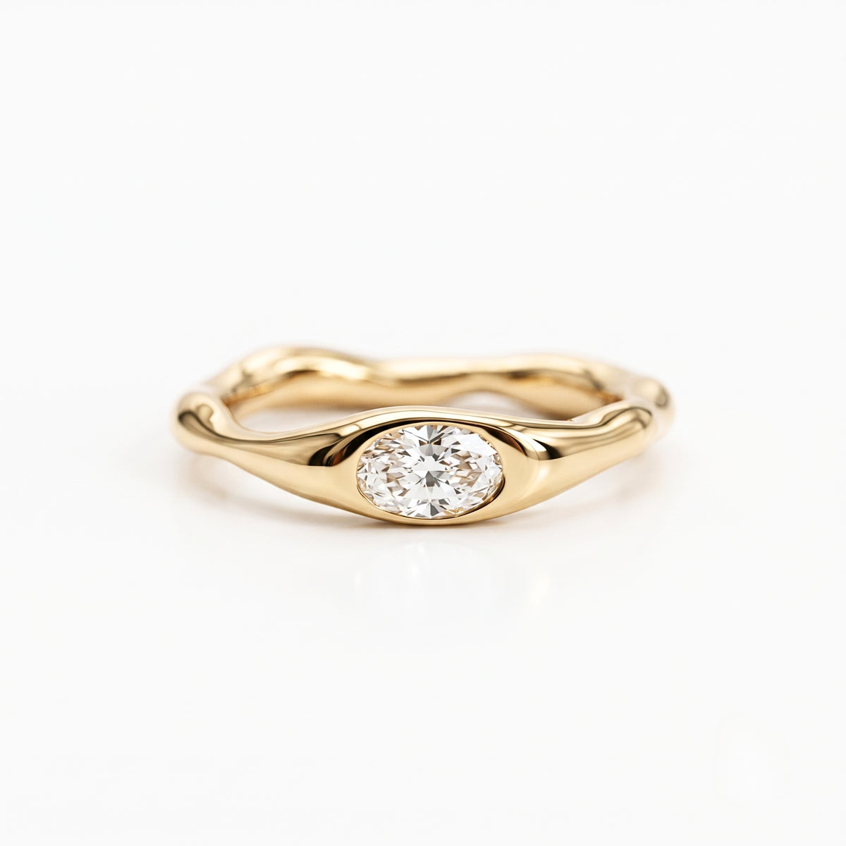Lab Grown Diamond Oval Brilliant Cut East-West Organic Wavy Bezel Engagement Ring IGI Certified in 14K Yellow Gold