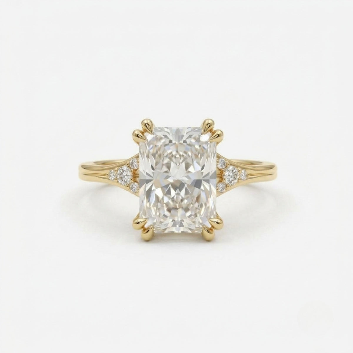 Lab Grown Diamond Radiant Cut Engagement Ring with Round Diamond Side Accents IGI Certified in 14K Yellow Gold