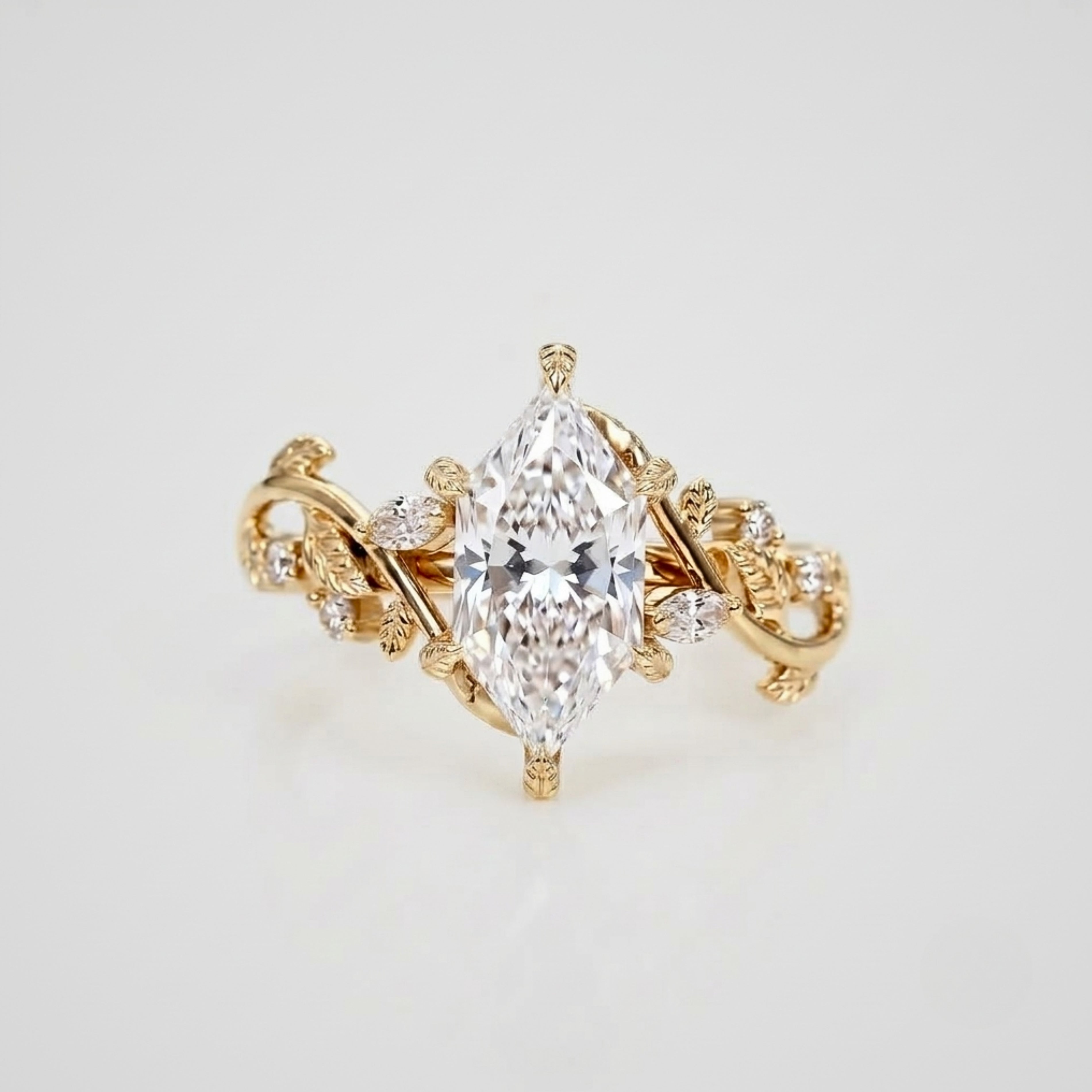 Lab Grown Diamond Dutch Marquise Cut with Marquise & Round Diamond Side Accents in Nature-Inspired Vine Band Engagement Ring IGI Certified in 14K Yellow Gold
