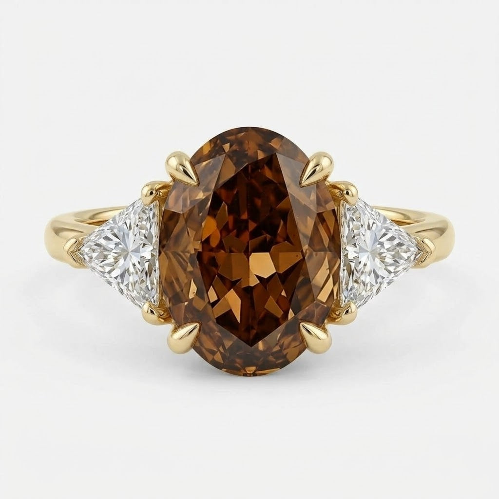 Lab Grown Diamond Fancy Champagne Oval Brilliant Cut Three-Stone Trillion Side Accent Engagement Ring IGI Certified in 14K Yellow Gold