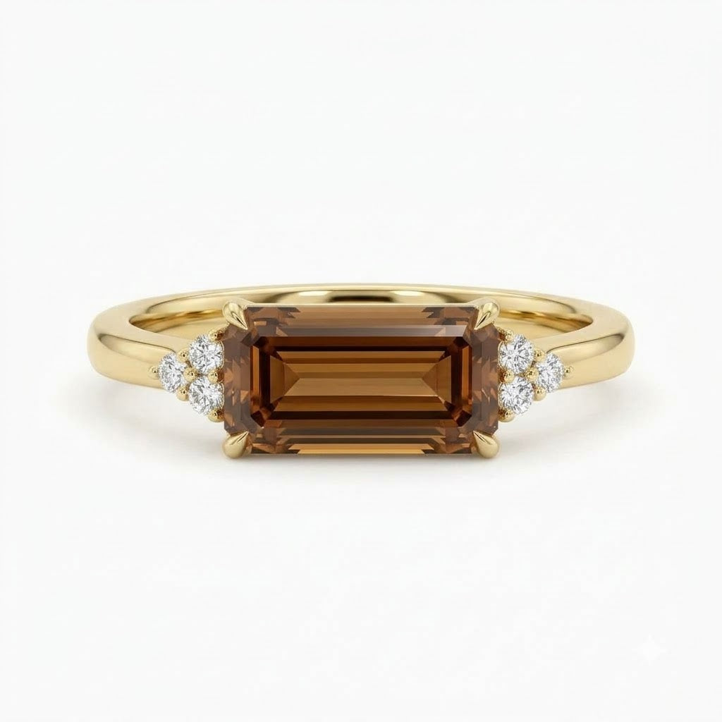 Lab Grown Diamond Emerald Step Cut Fancy Brown East-West Cluster Side Accent Engagement Ring IGI Certified in 14K Yellow Gold
