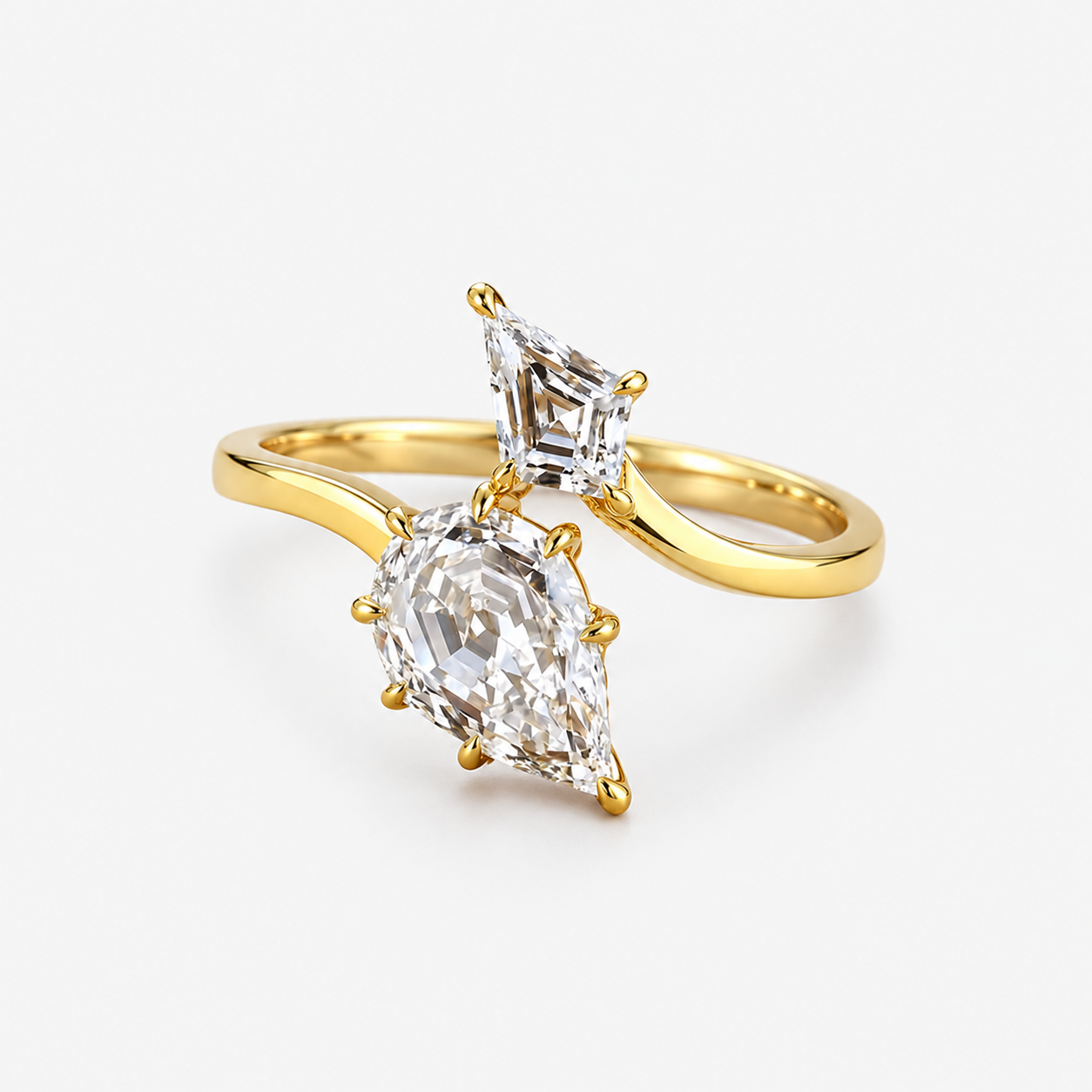 Lab Grown Diamond Step Cut Pear & Kite Cut Bypass Split Shank Engagement Ring IGI Certified in 14K Yellow Gold