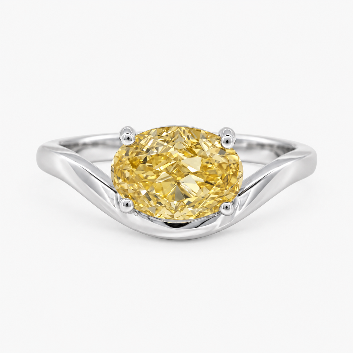 Lab Grown Diamond Fancy Intense Yellow Oval Cut East-West Four-Prong Curved V-Contour Solitaire Engagement Ring IGI Certified in 14K Yellow Gold