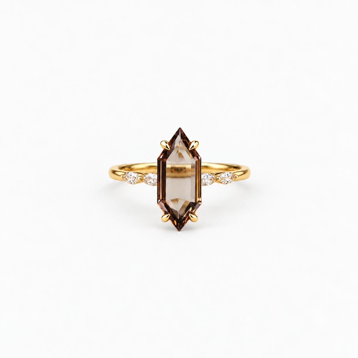 Lab Grown Diamond Champagne Elongated Hexagon Portrait Cut Marquise Side Accent Band Engagement Ring IGI Certified in 14K Yellow Gold