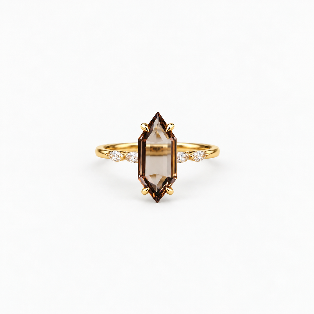 Lab Grown Diamond Champagne Elongated Hexagon Portrait Cut Marquise Side Accent Band Engagement Ring IGI Certified in 14K Yellow Gold