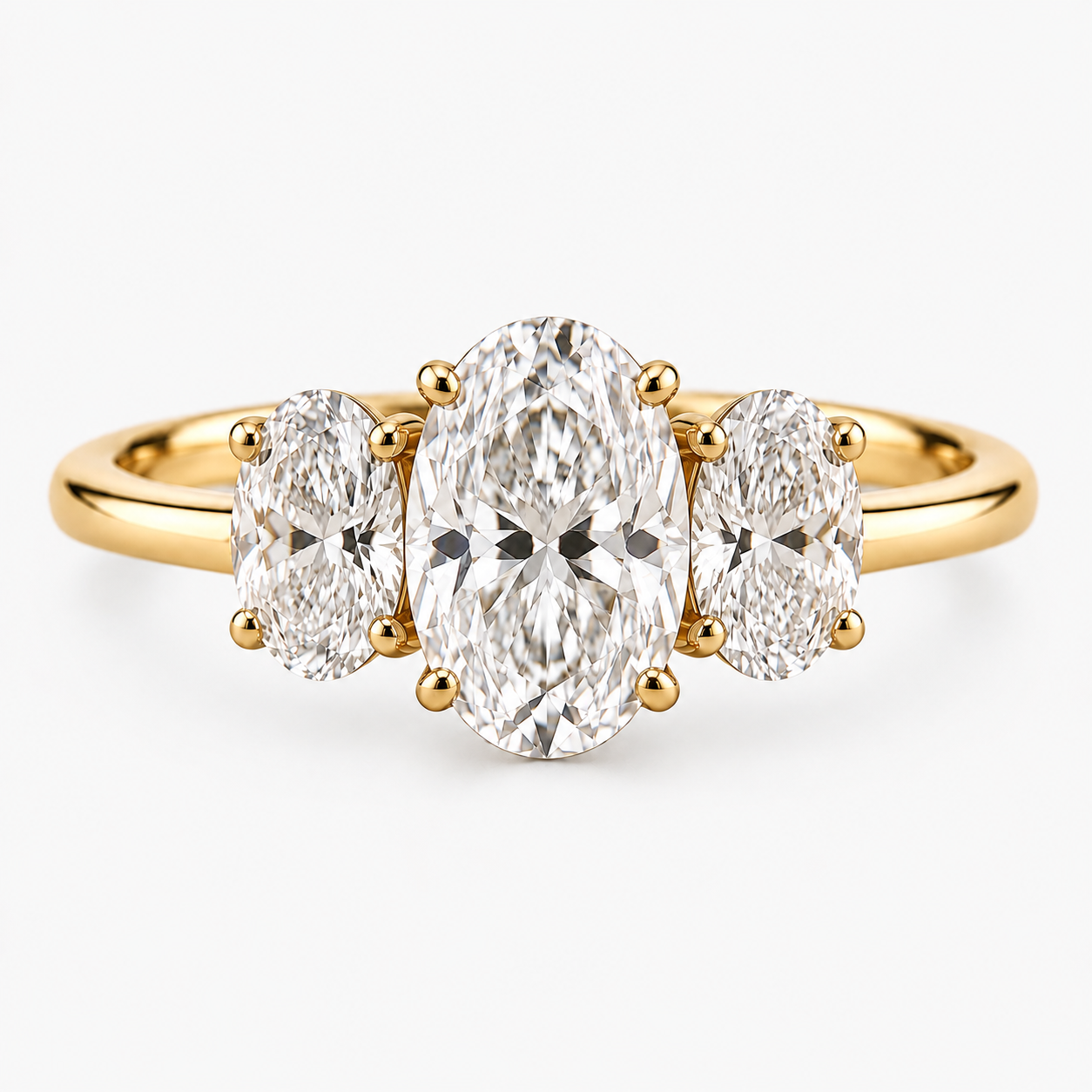 Lab Grown Diamond Oval Cut Three Stone Engagement Ring with Oval Side Stones in 14K Yellow Gold